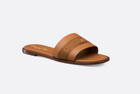 Slide Dway Camel-colored embroidered cotton and calfskin leather