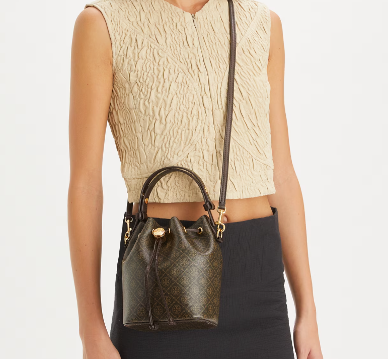 TORY BURCH MONOGRAM COATED CANVAS MINI BUCKET BAG
