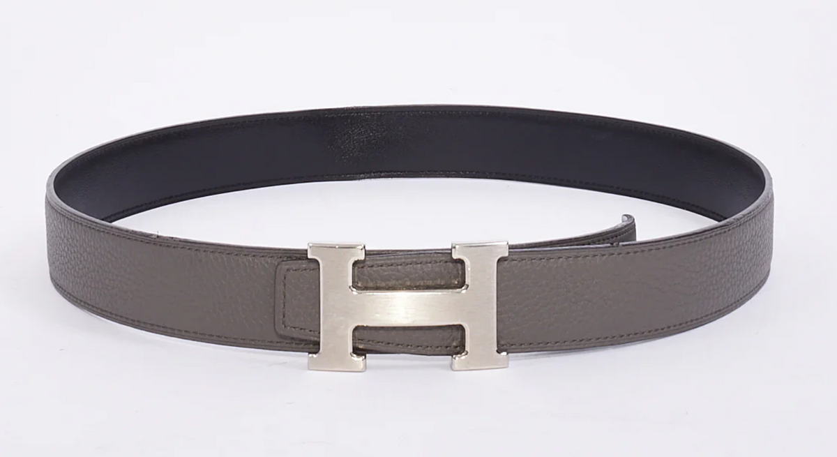 Hermes Grey & Black Leather Brushed Silver Buckle H Belt
