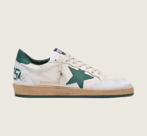 Golden Goose Men's Ball Star in white nappa leather with green leather star and heel tab