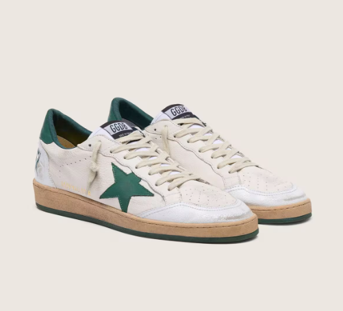 Golden Goose Men's Ball Star in white nappa leather with green leather star and heel tab