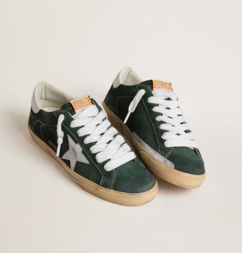 Golden Goose Men's Super-Star in green suede with silver metallic leather star and leather heel tab