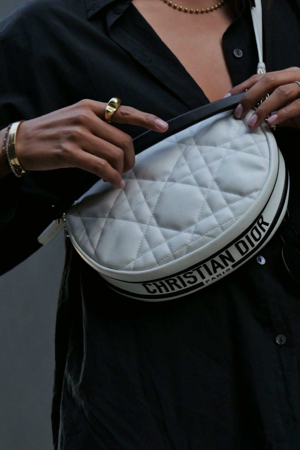 CHRISTIAN DIOR Lambskin Cannage Medium Dior Vibe Hobo Bag White