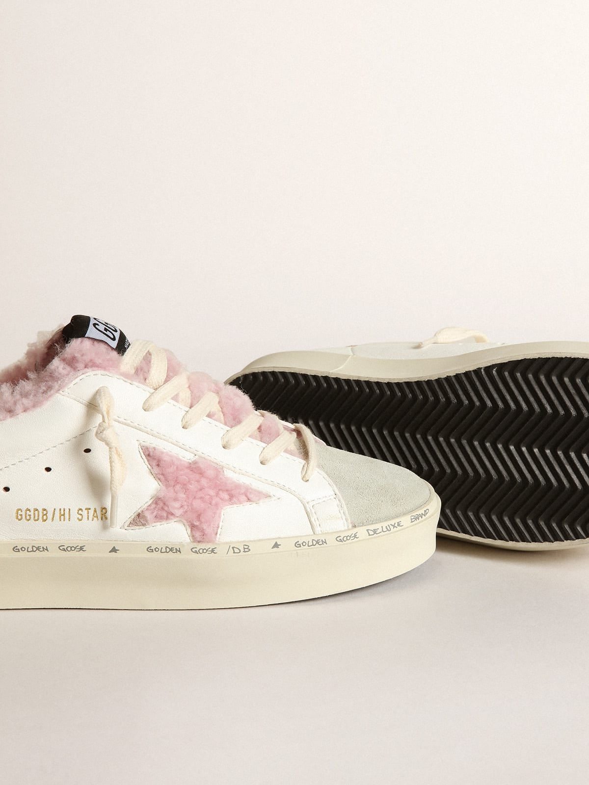 Women's Golden Goose Hi Star in white nappa with pink shearling star and lining