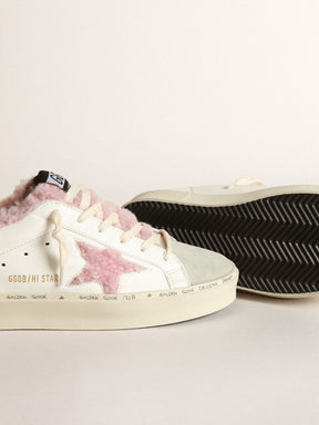 Women's Golden Goose Hi Star in white nappa with pink shearling star and lining