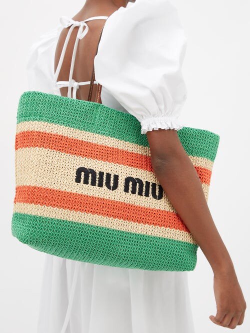Miu Miu Logo-embroidered Straw Tote Bag