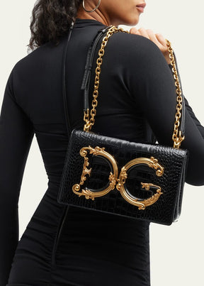 Dolce & Gabbana Girl's Croc-Embossed Chain Crossbody Bag