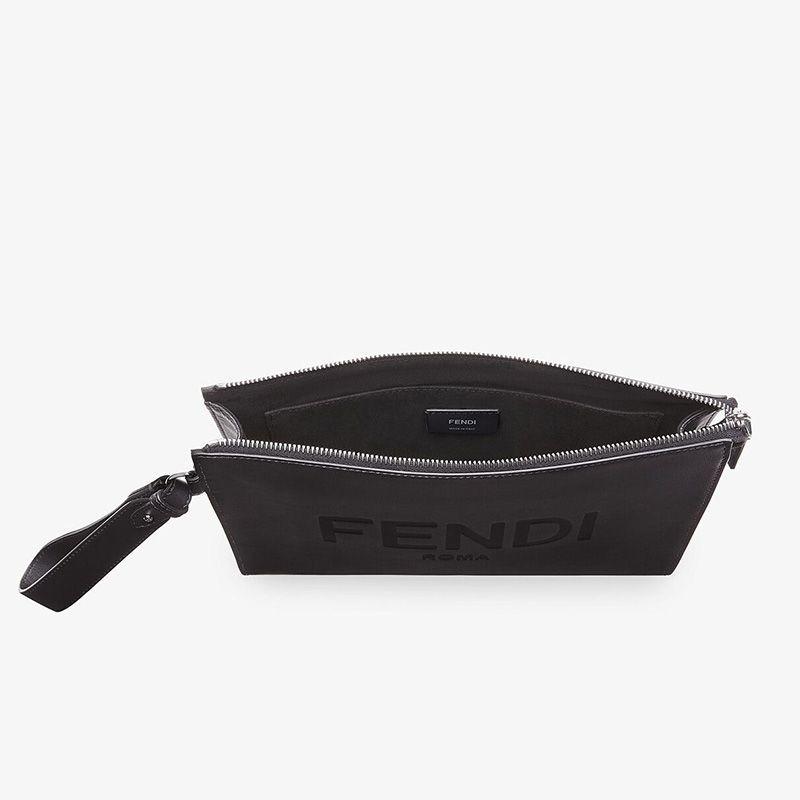 Fendi Flat Pouch In Roma Logo Calf Leather Black