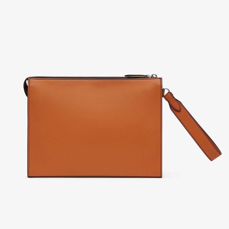 Fendi Flat Pouch In Roma Logo Calf Leather Brown