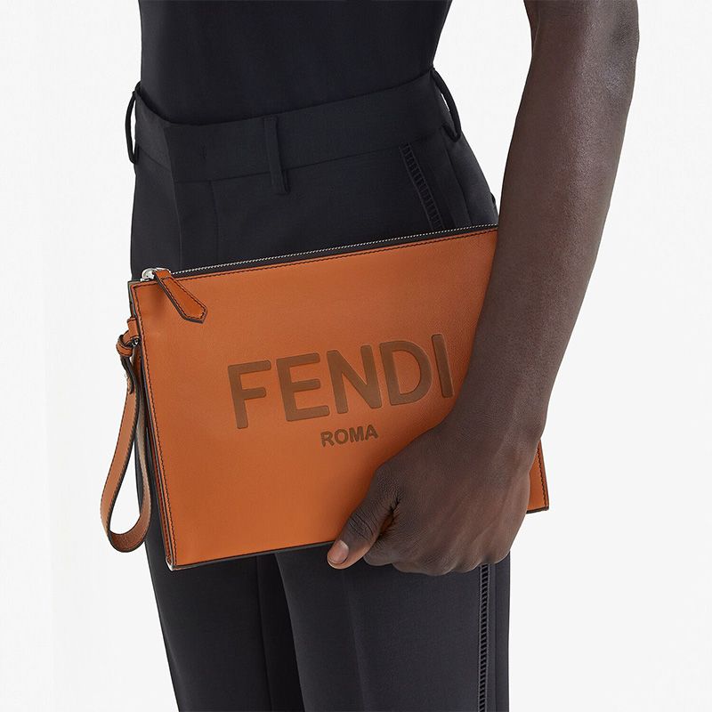 Fendi Flat Pouch In Roma Logo Calf Leather Brown