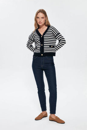 Women's Button Detailed Striped Cardigan In Navy Blue