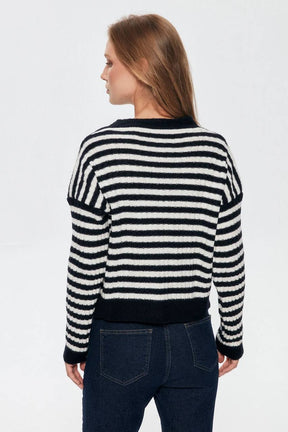 Women's Button Detailed Striped Cardigan In Navy Blue