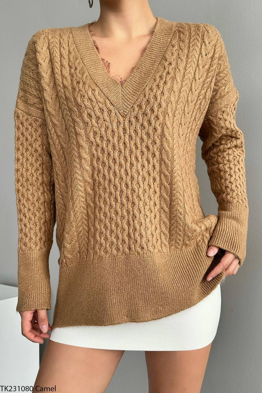 Women's V Neck Pullover Made Of Lace In Camel