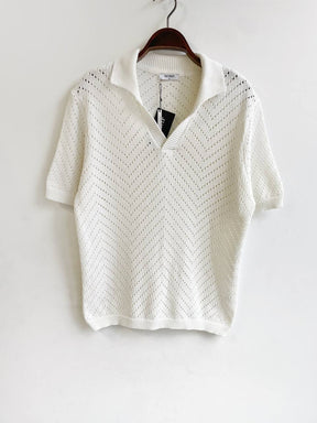 Men's White Crochet V Neck Collar T-shirt