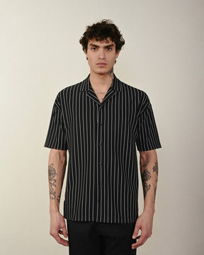 Men's Black Striped V Neck Apache Collar Shirt