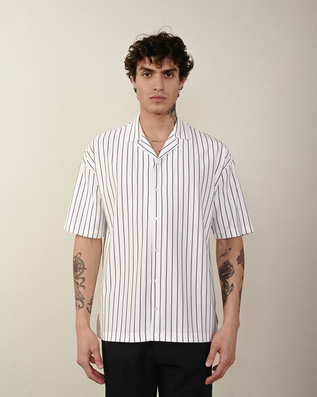 Men's White Striped V Neck Apache Collar Shirt