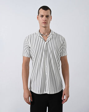 Men's White Striped V Neck Apache Collar Shirt