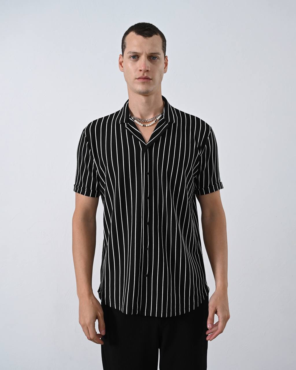 Men's Black Striped V Neck Apache Collar Shirt