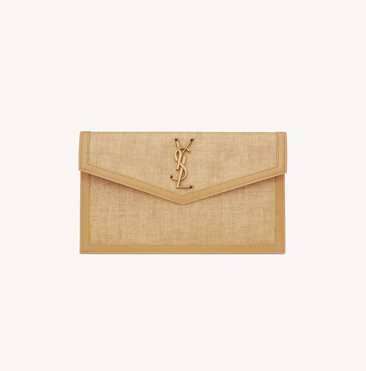 YSL UPTOWN POUCH IN MICRO RAFFIA NATURAL HAY & BLUSHYSL