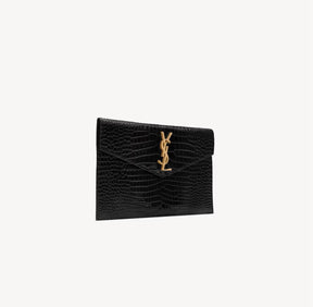 YSL UPTOWN POUCH IN CROCODILE-EMBOSSED SHINY LEATHER BLACK