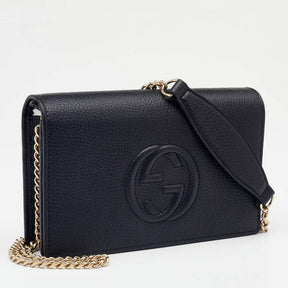 Gucci Black Pebbled Leather Soho Wallet On Chain