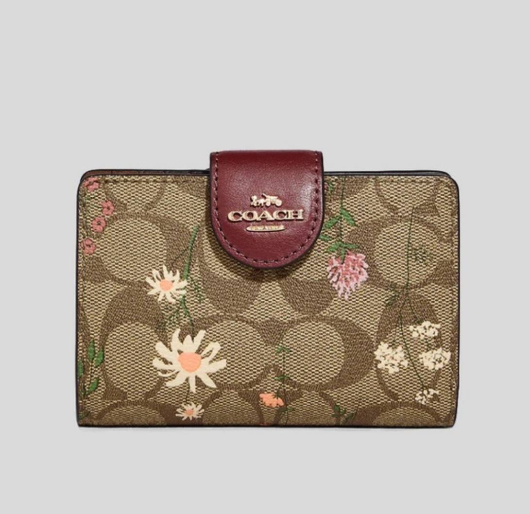 Coach Medium Corner Zip Wallet In Signature Canvas With Wildflower