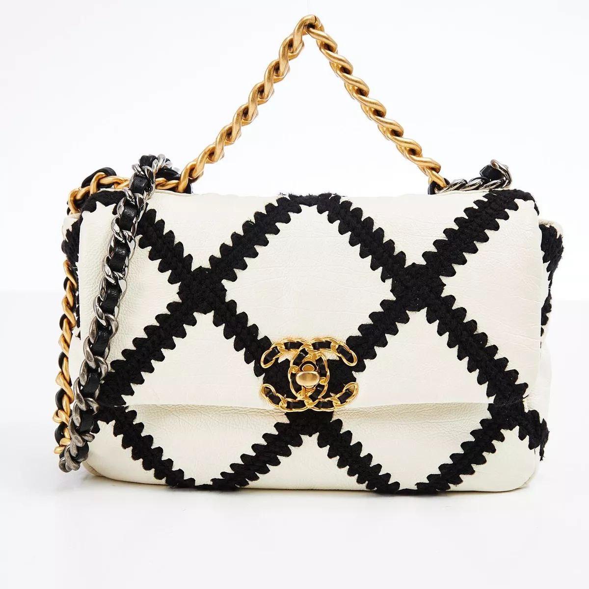 Chanel White Black Calfskin Crochet Bag