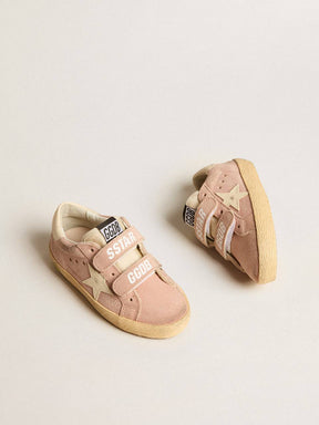 Old School Young in pink suede with cream leather star and heel tab