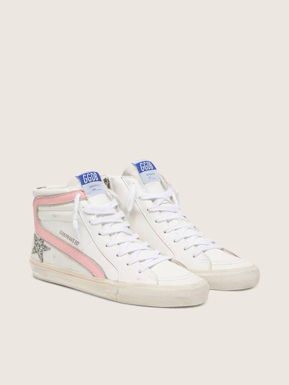 Women's Slide in white leather with silver glitter star and pink leather flash