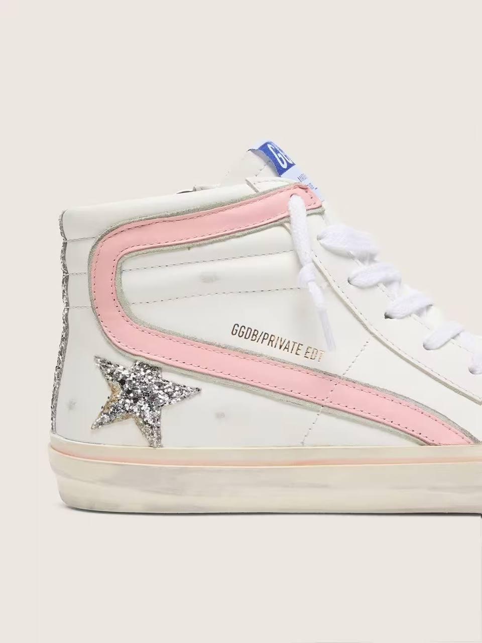 Women's Slide in white leather with silver glitter star and pink leather flash