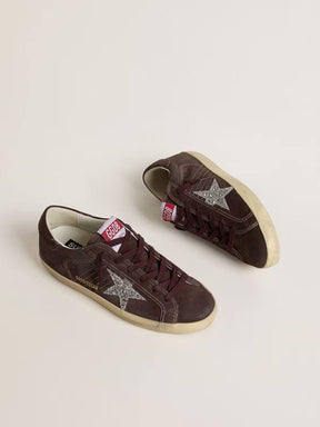 Women's Super-Star in brown suede with silver glitter star