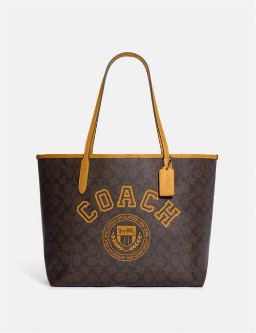 Coach City Tote in Signature Canvas with Varsity Motif Yellow for