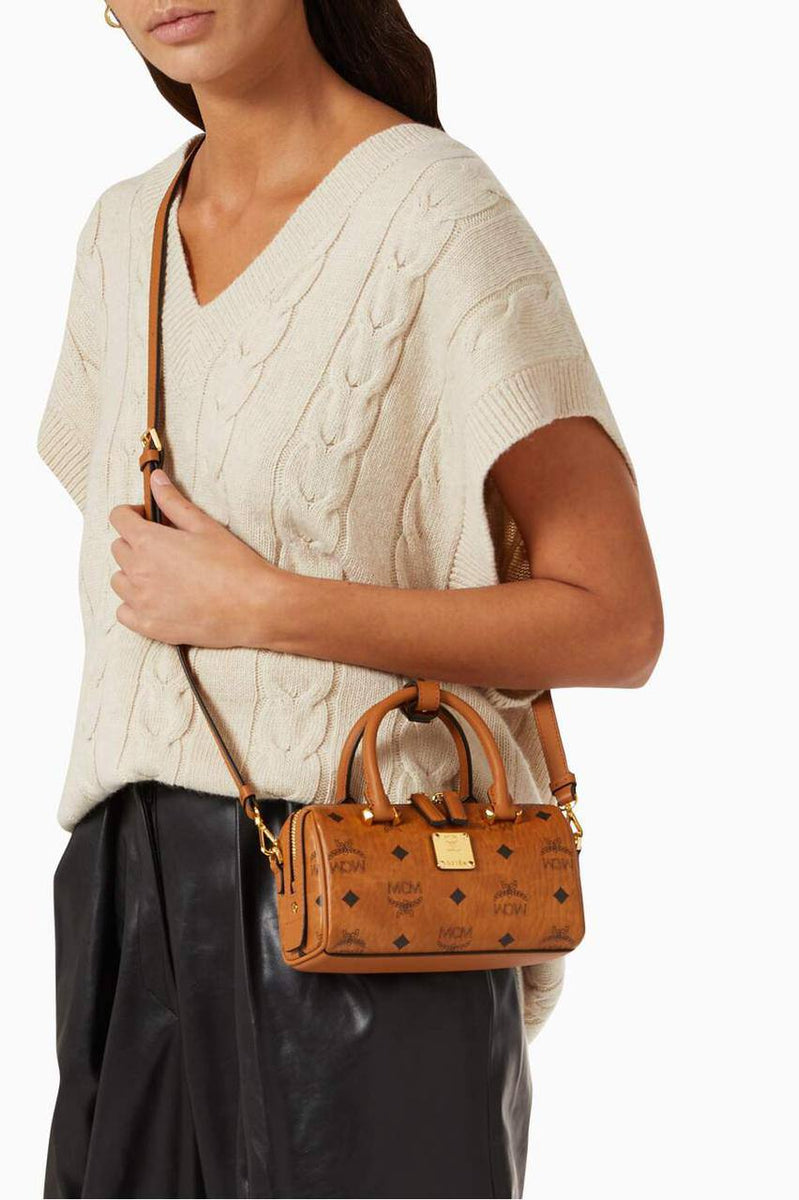 Buy MCM Brown Mini Boston Bag in Visetos Original for WOMEN in Kuwait
