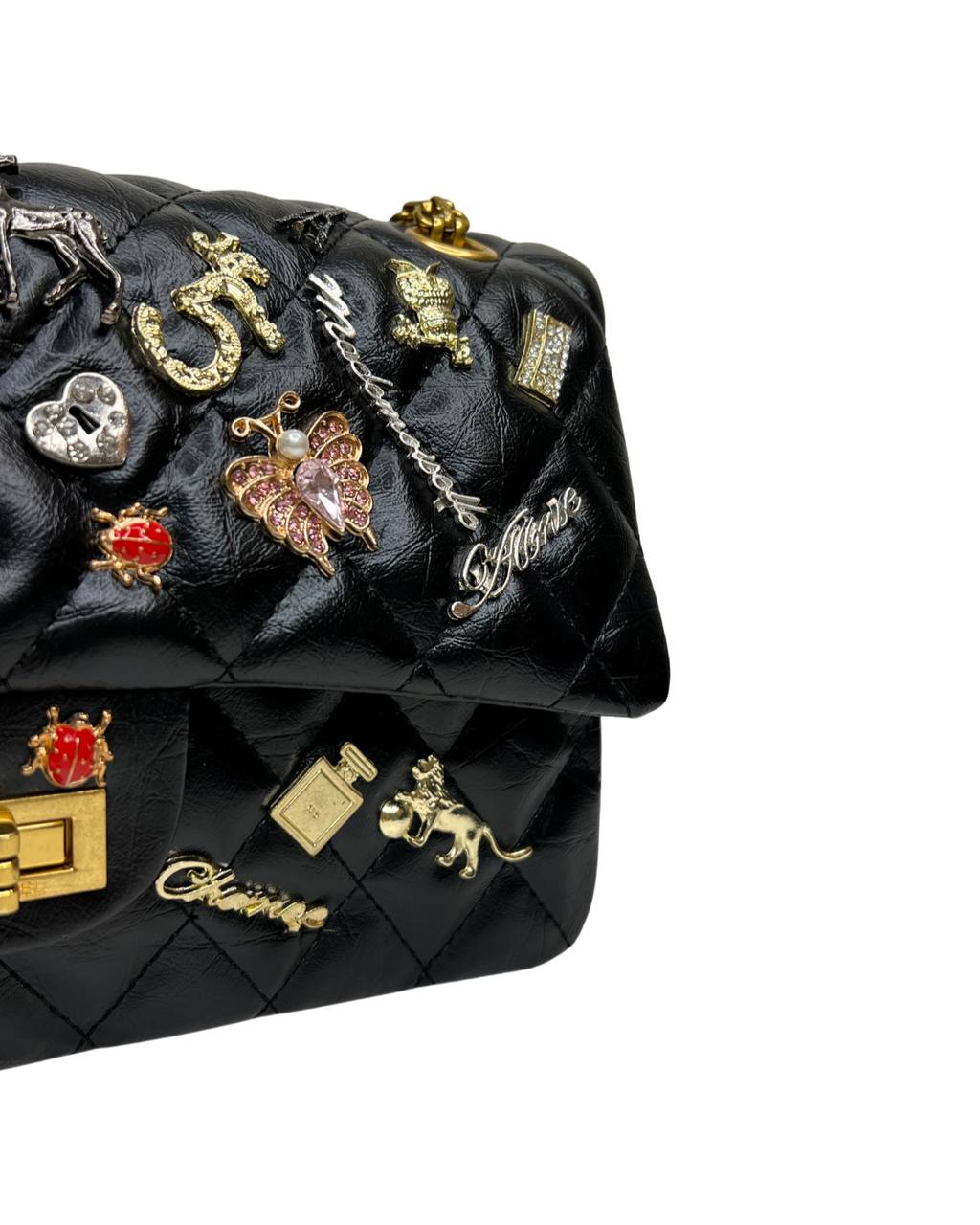 Black Quilted Aged Calfskin Lucky Charms 2.55 Reissue Double Zip Clutch  With Chain Gold Hardware, 2017